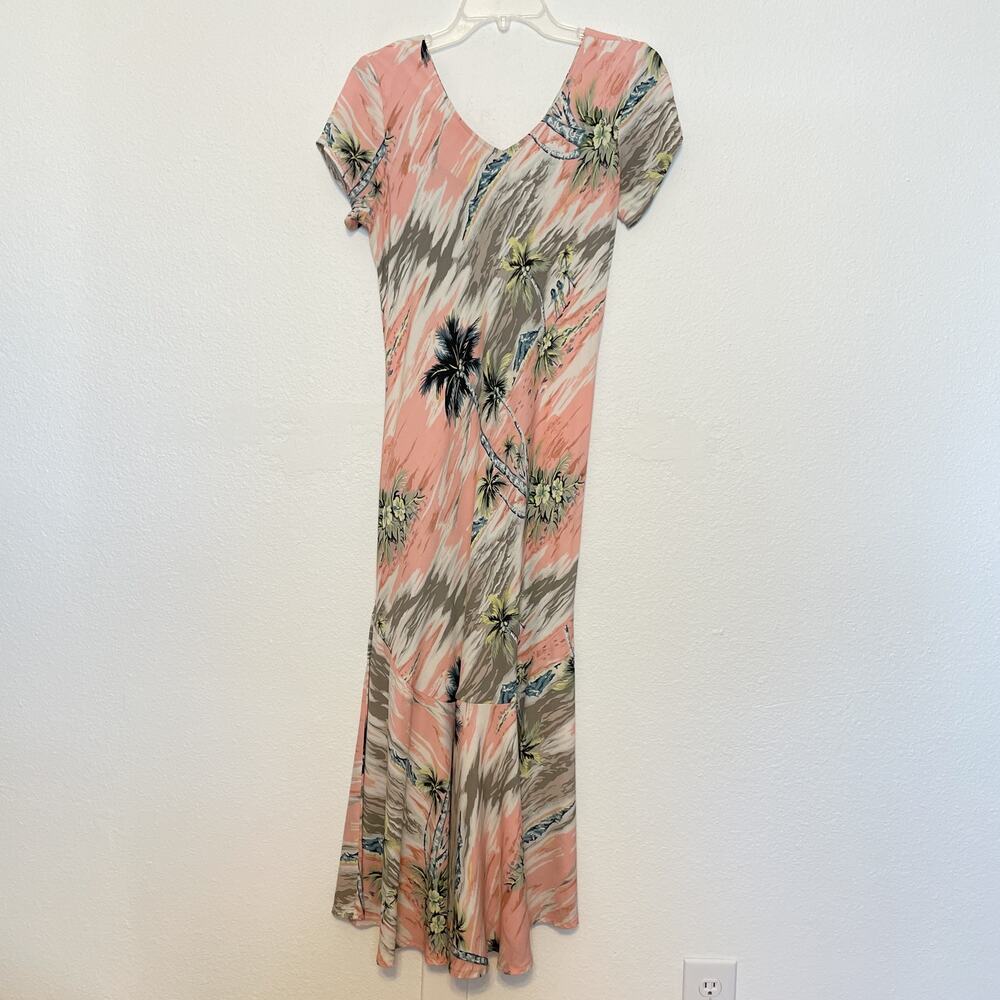 Vintage Kauaiana Palm Print Trumpet Style Maxi Dress Pink Gray White Small - Picture 12 of 13